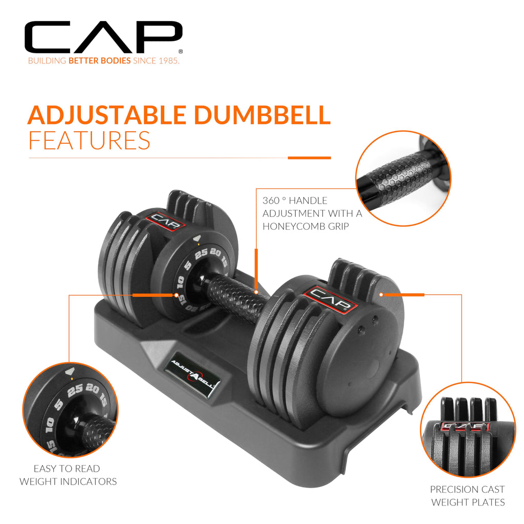 CAP Barbell ADJUSTABELL Adjustable Round Dumbbell Weights - Singles & Pairs | 12.5 lb, 25 lb & 55 lb | Multiple Handle Options