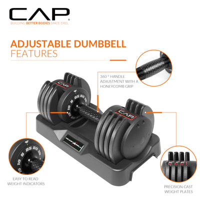 CAP Barbell ADJUSTABELL Adjustable Round Dumbbell Weights - Singles & Pairs | 12.5 lb, 25 lb & 55 lb | Multiple Handle Options
