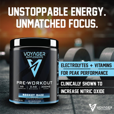 Voyager Pre-Workout Rocket Razz – Creatine-Free Powder w/L-Citrulline, Beta-Alanine, Caffeine – Supports Energy, Endurance & Focus – 30 Servings – No Artificial Fillers – GMP Certified