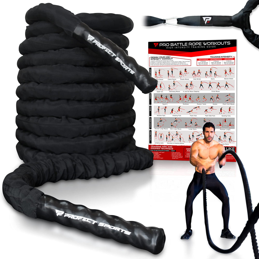 Battle Ropes 50 ft Heavy Duty Battle Rope with Protective Sleeve Black, Plastic, ABS Grip, Adult Strength Training, Cardio, CrossFit