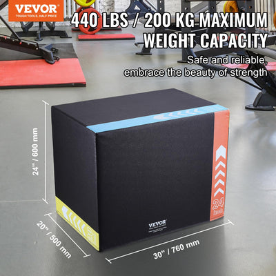 VEVOR 3 in 1 Plyometric Jump Box, Cotton Plyo Box, Platform & Jumping Agility Box, Anti-Slip Fitness Exercise Step Up Box for Home Gym Training, Conditioning Strength Training, Multiple Sizes, Black