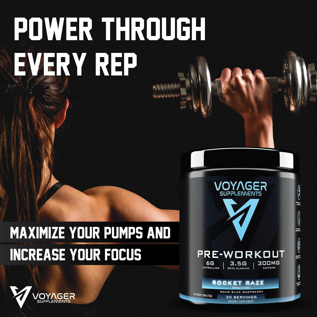 Voyager Pre-Workout Rocket Razz – Creatine-Free Powder w/L-Citrulline, Beta-Alanine, Caffeine – Supports Energy, Endurance & Focus – 30 Servings – No Artificial Fillers – GMP Certified