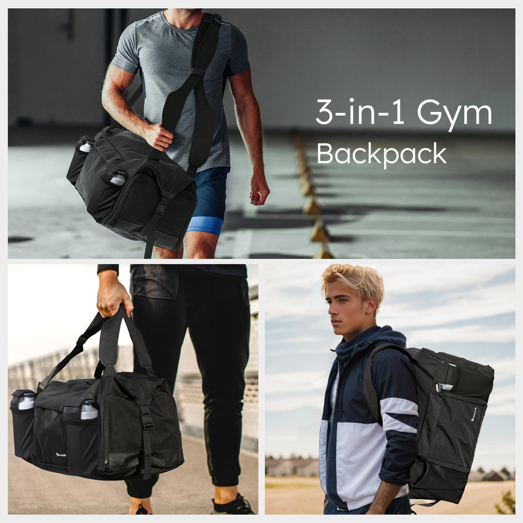 Gym Bag for Men with 2 Upgraded Bottle Holders Convertible Duffle Bag and Gym Backpack Waterproof Sports Bags with Shoes Compartment and Wet Pocket - Black