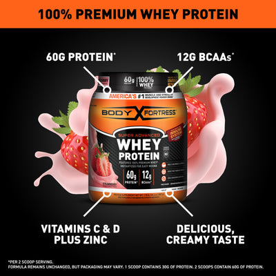 Body Fortress Super Advanced Whey Protein Powder, Strawberry, Immune Support (1), Vitamins C & D Plus Zinc, 1.78 lbs