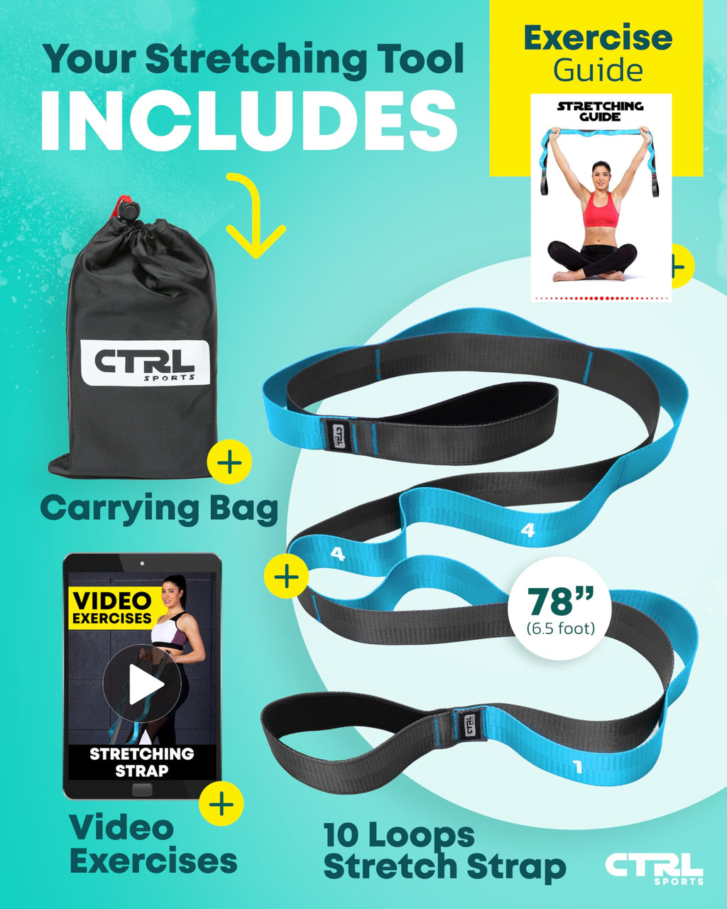 Stretching Strap with Loops - Non Elastic Stretch Band for Physical Therapy, Yoga Strap for Stretching Equipment, Stretch Bands for Exercise and Flexibility - Fascia, Hamstring & Leg Stretcher Belt