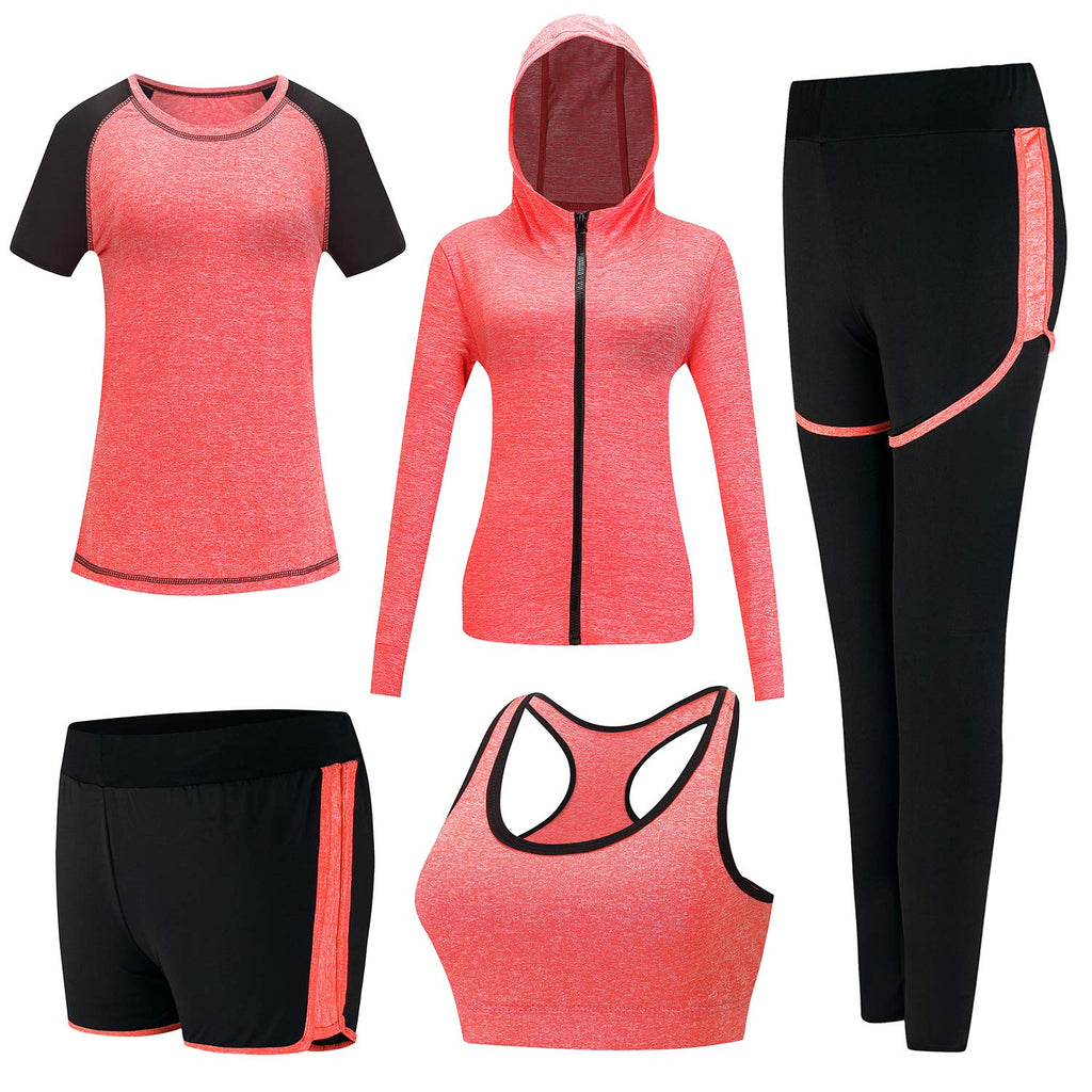 5pcs Workout Outfits for Women Athletic Sets Sport Suits Yoga Gym Fitness Exercise Clothes Jogging Tracksuits
