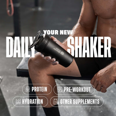 BlenderBottle Strada Shaker Cup Insulated Stainless Steel Water Bottle with Wire Whisk, 24-Ounce, Black