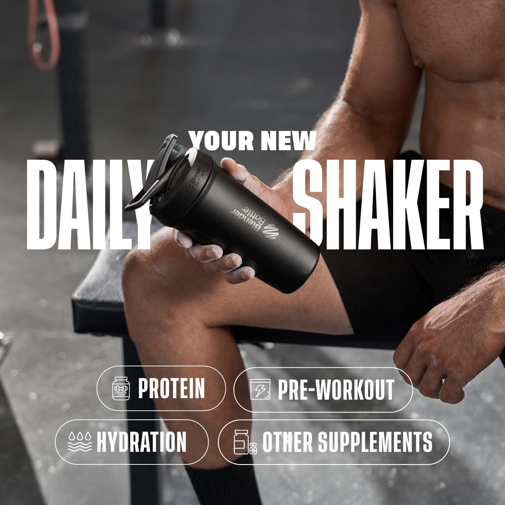 BlenderBottle Strada Shaker Cup Insulated Stainless Steel Water Bottle with Wire Whisk, 24-Ounce, Black