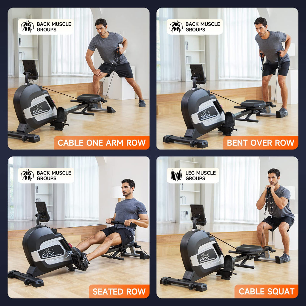 Pooboo Magnetic Rowing Machine 360 LB Weight Capacity, folding rower with Combination Strength exercise, Tablet Holder and Comfortable Seat Cushion, Rower for Home Use