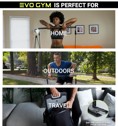 EVO Gym - Portable Home Gym Strength Training Equipment, at Home Gym | All in One Gym - Resistance Bands, Base Holds Gym Bar & Handles for Travel | Portable Gym & Home Exercise Equipment