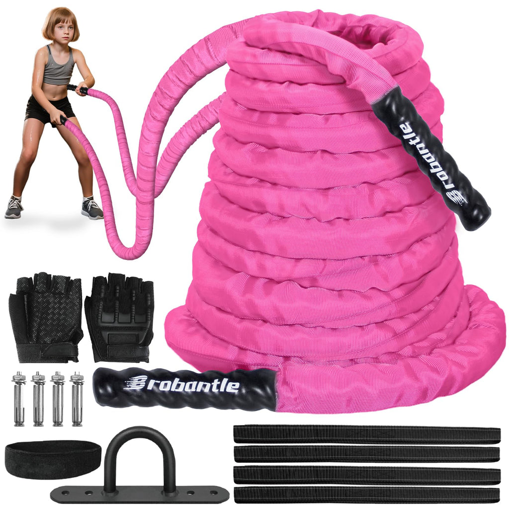 Battle Rope 1/1.26/1.5/2 Inch Diameter,Pink 30FT/40FT/50FT Exercise Workout Ropes for Home Gym Heavy Weighted Training Rope for Working Out