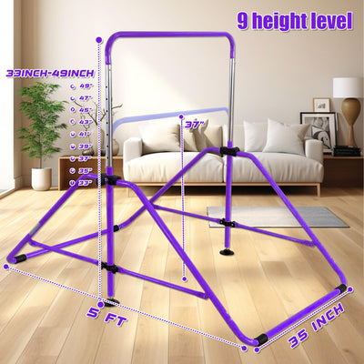 MARFULA Foldable Gymnastic Bar for Kids Ages 3-9, 9 Height Levels, 200 lbs Weight Capacity, 5 Ft Length Gymnastic Kip Bar with Mat, Gymnastic Equipment for Home and Gym Center Indoor Outdoor Use