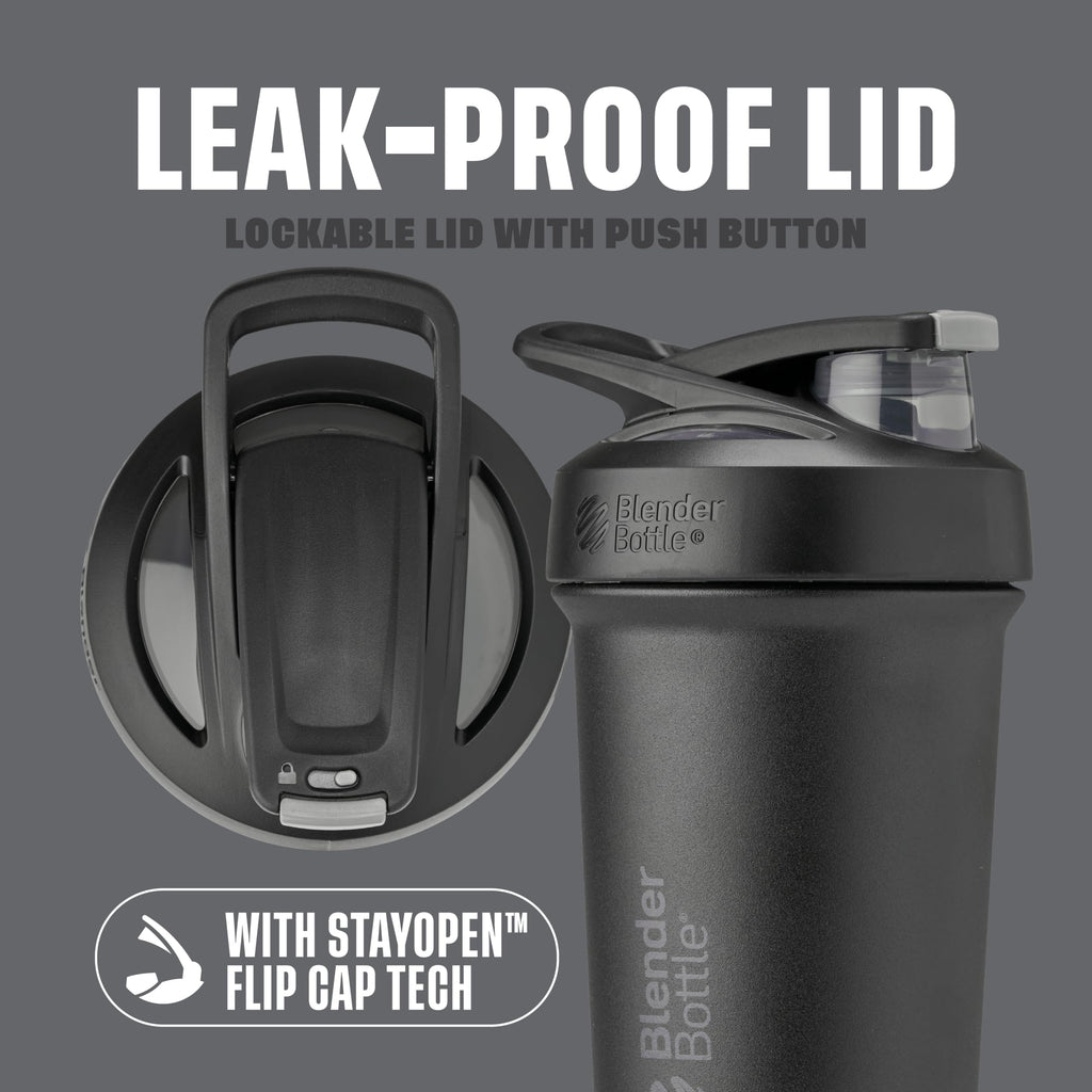 BlenderBottle Strada Shaker Cup Insulated Stainless Steel Water Bottle with Wire Whisk, 24-Ounce, Black