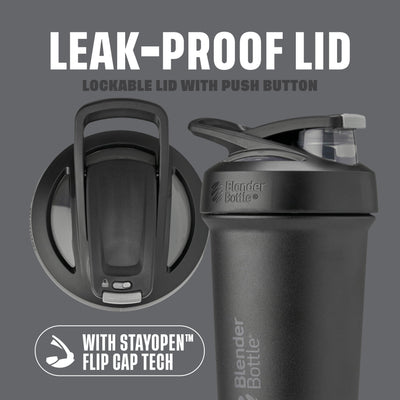 BlenderBottle Strada Shaker Cup Insulated Stainless Steel Water Bottle with Wire Whisk, 24-Ounce, Black