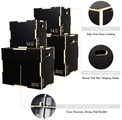 Fitvids 3 in 1 Non-Slip Wooden Plyo Box Plyometric Box Jumping Exercise, Multiple Sizes Set