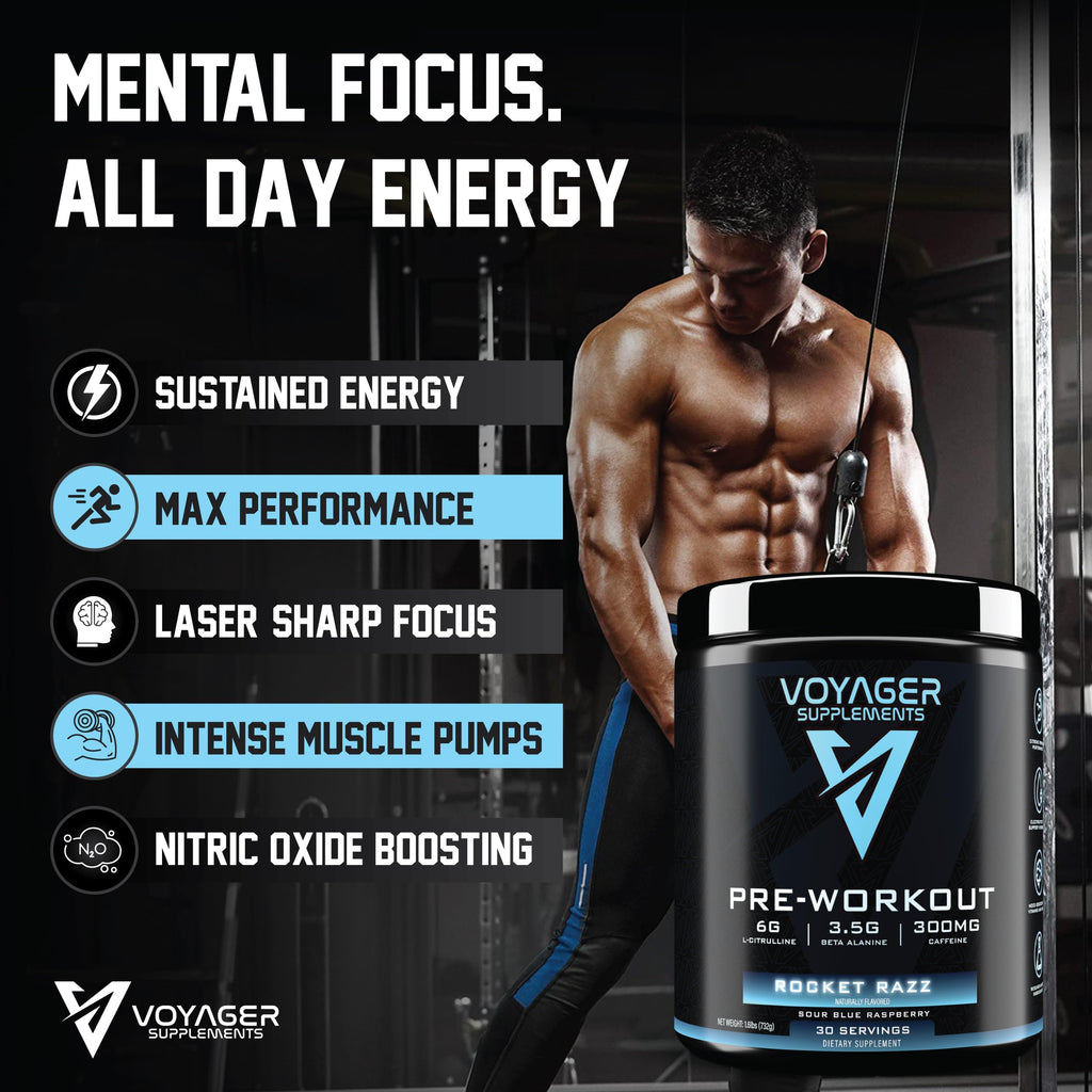 Voyager Pre-Workout Rocket Razz – Creatine-Free Powder w/L-Citrulline, Beta-Alanine, Caffeine – Supports Energy, Endurance & Focus – 30 Servings – No Artificial Fillers – GMP Certified