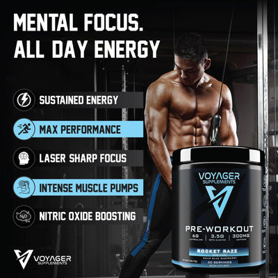 Voyager Pre-Workout Rocket Razz – Creatine-Free Powder w/L-Citrulline, Beta-Alanine, Caffeine – Supports Energy, Endurance & Focus – 30 Servings – No Artificial Fillers – GMP Certified