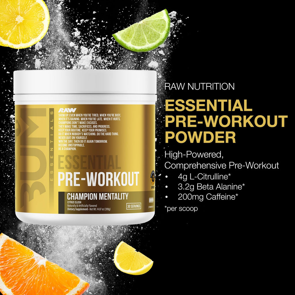 RAW Nutrition - Essential Pre - Chris Bumstead Pre Workout Formula, Sports Nutrition Pre-Workout Powders | Men & Womens Drink, Energy Powder for Working Out (Peach Mango)