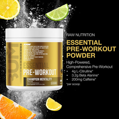 RAW Nutrition - Essential Pre - Chris Bumstead Pre Workout Formula, Sports Nutrition Pre-Workout Powders | Men & Womens Drink, Energy Powder for Working Out (Peach Mango)