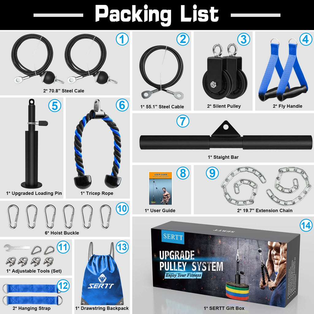 SERTT Weight Cable Pulley System Gym, Upgraded Cable Pulley Attachments for LAT Pull Down, Biceps Curl, Tricep, Arm Workouts - Home Gym Add On Equipment