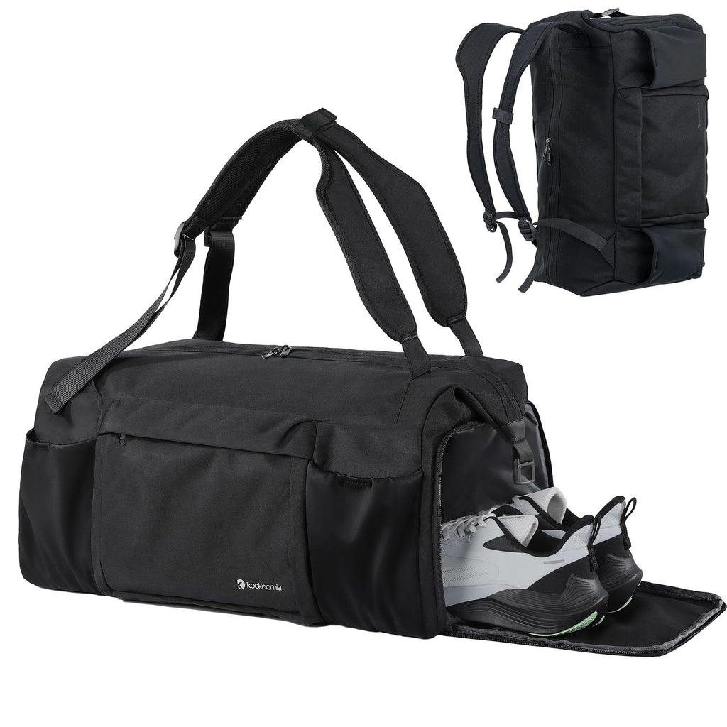 Gym Bag for Men with 2 Upgraded Bottle Holders Convertible Duffle Bag and Gym Backpack Waterproof Sports Bags with Shoes Compartment and Wet Pocket - Black