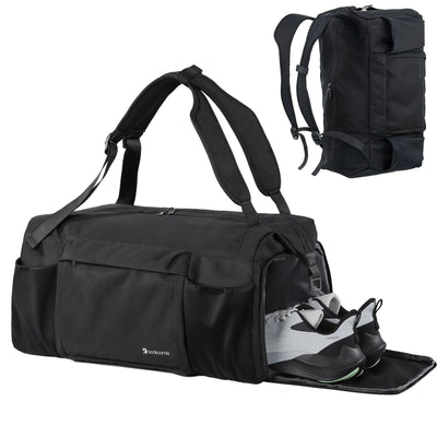 Gym Bag for Men with 2 Upgraded Bottle Holders Convertible Duffle Bag and Gym Backpack Waterproof Sports Bags with Shoes Compartment and Wet Pocket - Black