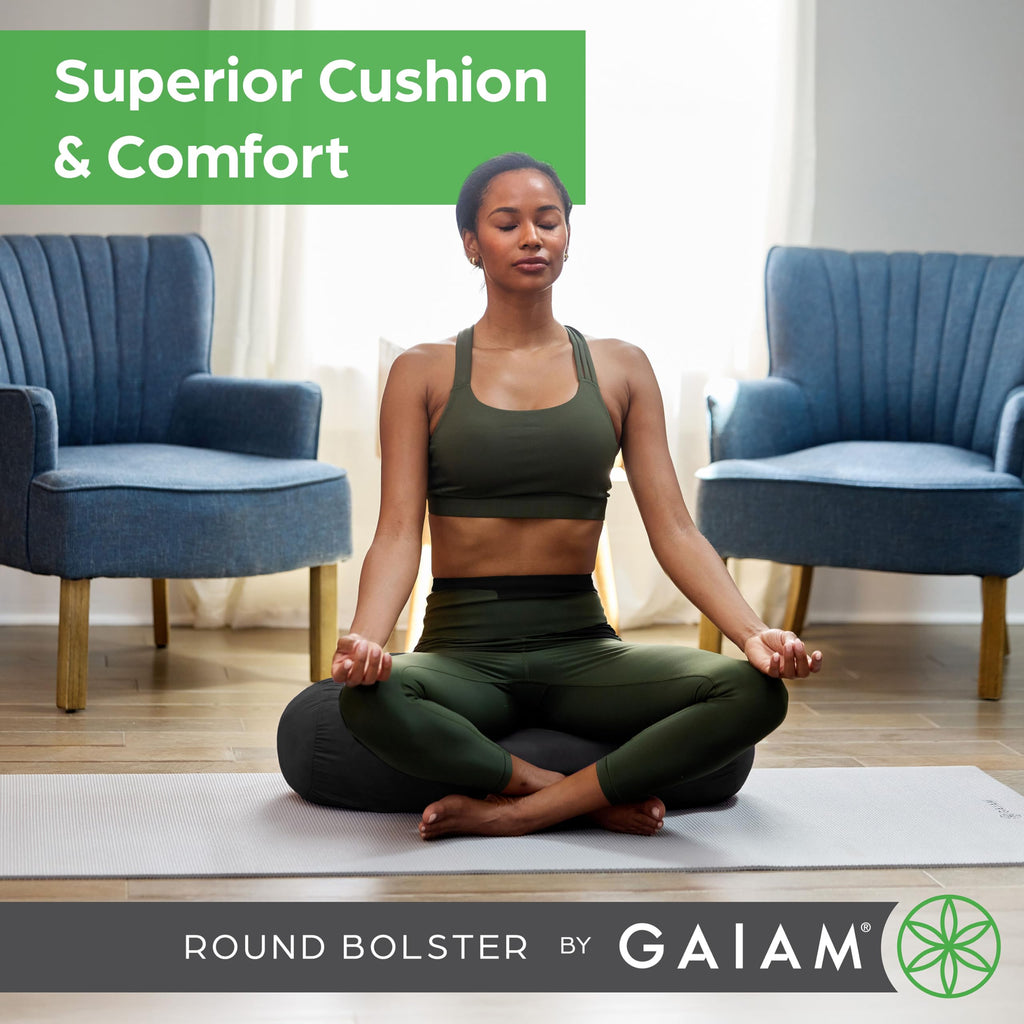 Gaiam Round Yoga Bolster Pillow, Soft Meditation Cushion for Yoga, Massage and Back Support, Breathable Cotton Fill, Zippered Microfiber Cover, Easy-Carry Handle, Machine Washable
