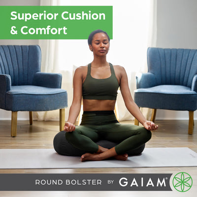 Gaiam Round Yoga Bolster Pillow, Soft Meditation Cushion for Yoga, Massage and Back Support, Breathable Cotton Fill, Zippered Microfiber Cover, Easy-Carry Handle, Machine Washable