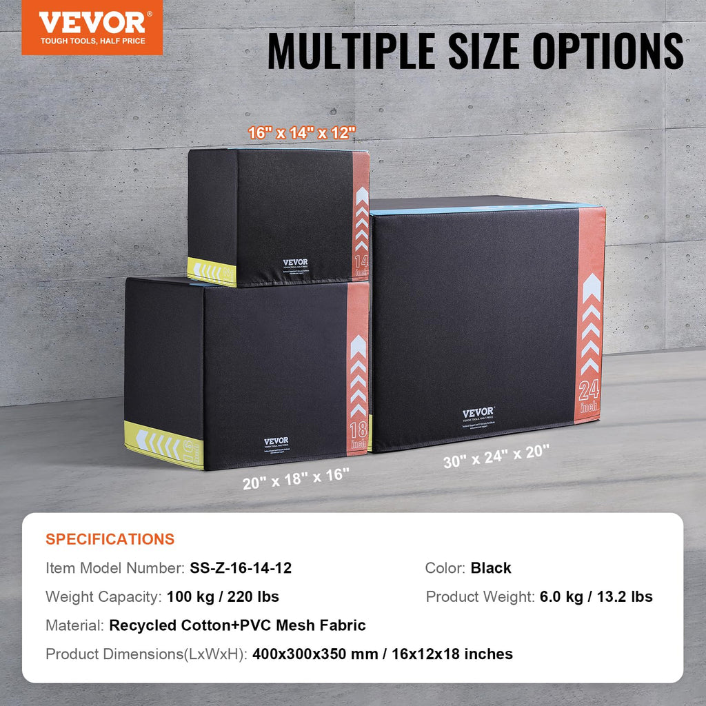 VEVOR 3 in 1 Plyometric Jump Box, Cotton Plyo Box, Platform & Jumping Agility Box, Anti-Slip Fitness Exercise Step Up Box for Home Gym Training, Conditioning Strength Training, Multiple Sizes, Black