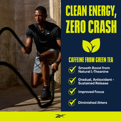 Reebok Pre-Workout Powder | 200mg Natural Caffeine, 3g Creatine Monohydrate | Clean Energy Pre Workout for Strength, Focus & Pump | Informed-Sport Certified | ReeEnergize | Sour Green Apple
