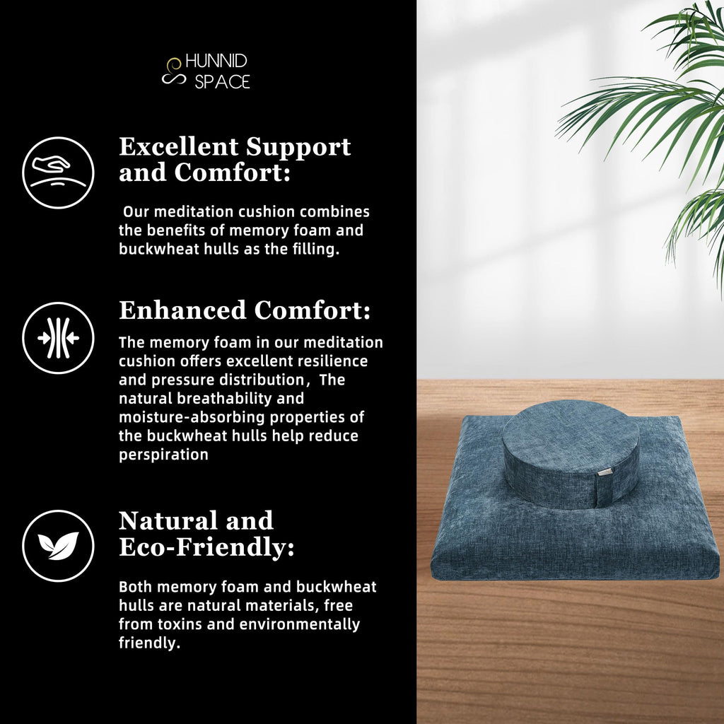 Meditation Zafu Cushion Set with Buckwheat Hulls & Memory Foam - Ergonomic Support for Yoga & Sitting - Removable Machine-Washable Luxury Velvet Cover - for Adults and Kids (Blue)