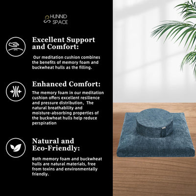 Meditation Zafu Cushion Set with Buckwheat Hulls & Memory Foam - Ergonomic Support for Yoga & Sitting - Removable Machine-Washable Luxury Velvet Cover - for Adults and Kids (Blue)