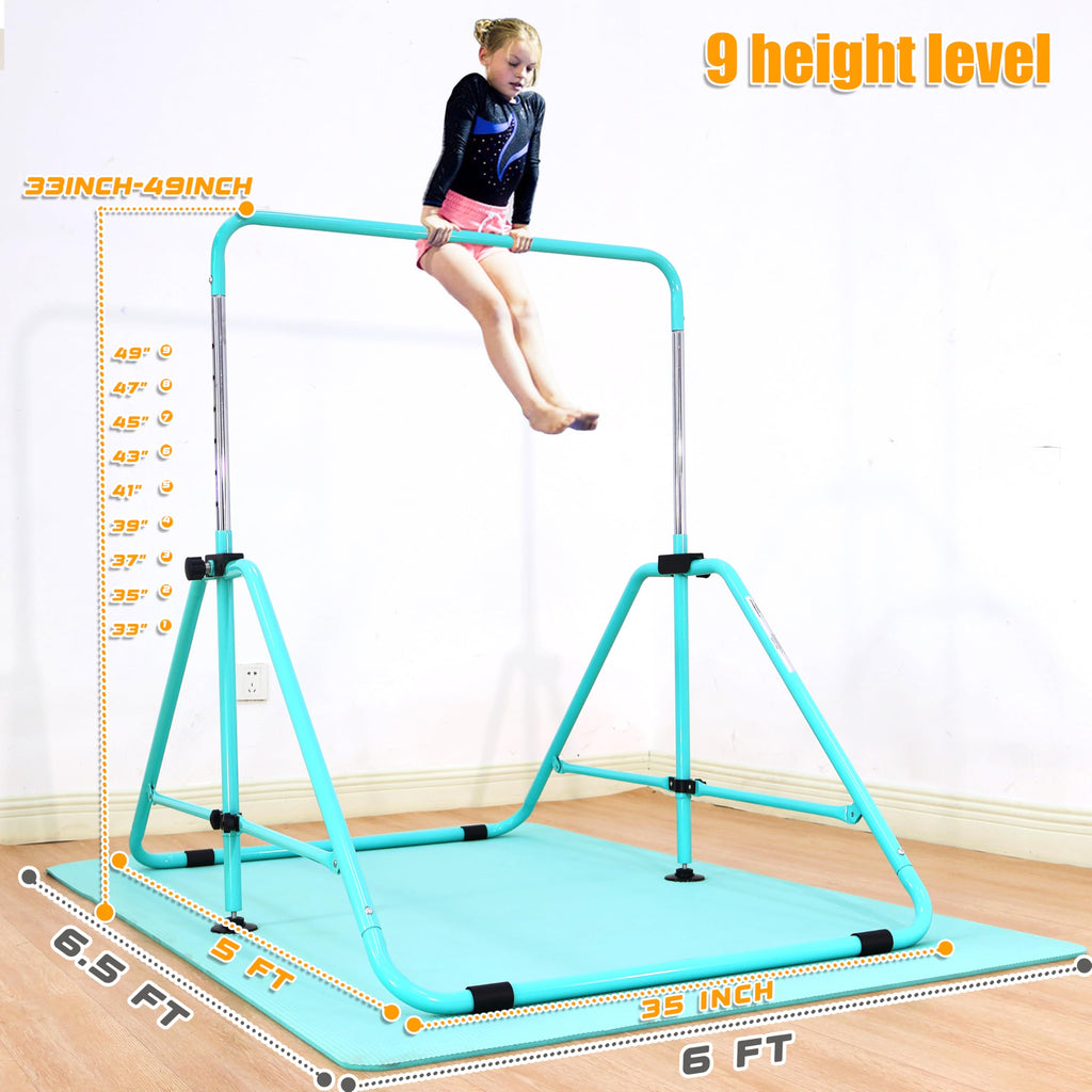 MARFULA Foldable Gymnastic Bar for Kids Ages 3-9, 9 Height Levels, 200 lbs Weight Capacity, 5 Ft Length Gymnastic Kip Bar with Mat, Gymnastic Equipment for Home and Gym Center Indoor Outdoor Use