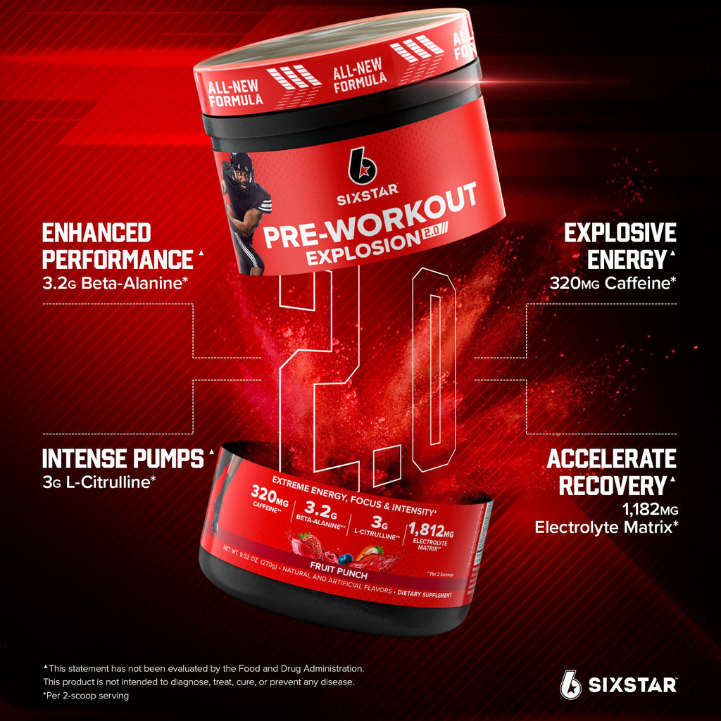 Six Star Pre-Workout Powder for Men & Women, Fruit Punch (30 Servings) - Preworkout Explosion 2.0 Energy Powder Drink Mix with Beta-Alanine & Caffeine - Sports Nutrition Supplement Products