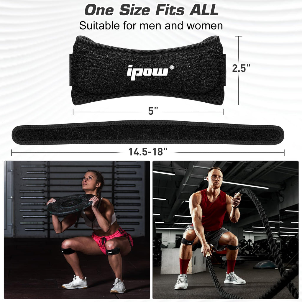 IPOW 2 Pack Knee Pain Relief & Patella Stabilizer Knee Strap Brace Support for Hiking, Soccer, Basketball, Running, Jumpers Knee, Tennis, Tendonitis, Volleyball & Squats, Black