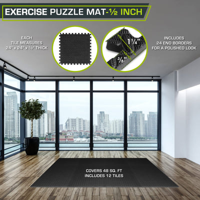 ProsourceFit Puzzle Exercise Mat ½ in, EVA Interlocking Foam Floor Tiles for Home Gym, Mat for Home Workout Equipment, Floor Padding for Kids, Black, 24 in x 24 in x ½ in, 24 Sq Ft - 6 Tiles