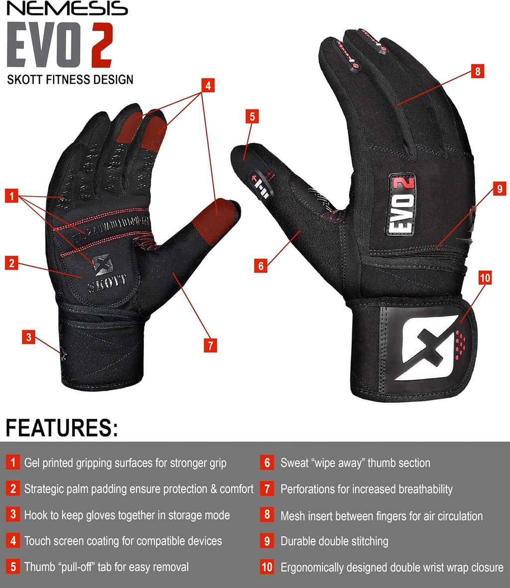 skott Evo 2 Weightlifting Gloves with Integrated Wrist Wrap Support-Double Stitching for Extra Durability-Get Ripped with The Best Body Building Fitness and Exercise Accessories