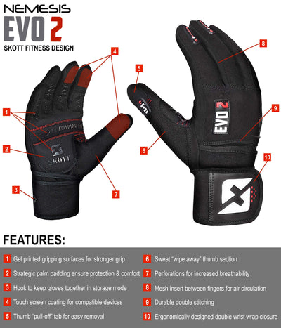 skott Evo 2 Weightlifting Gloves with Integrated Wrist Wrap Support-Double Stitching for Extra Durability-Get Ripped with The Best Body Building Fitness and Exercise Accessories
