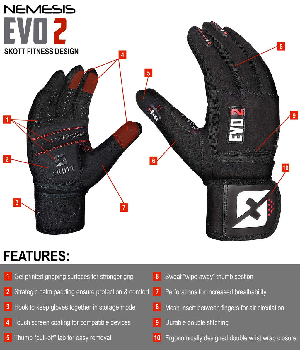 skott Evo 2 Weightlifting Gloves with Integrated Wrist Wrap Support-Double Stitching for Extra Durability-Get Ripped with The Best Body Building Fitness and Exercise Accessories