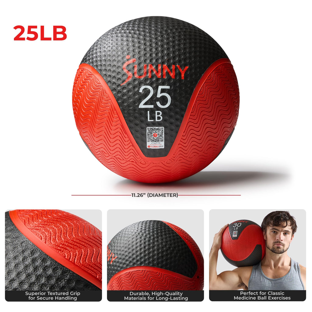 Sunny Health & Fitness Medicine Ball, Textured Rubber, Core Strength & Balance Training, Bouncing, Weight for Home Workouts 4,6,8,10,12,15,20,25,30LB Options