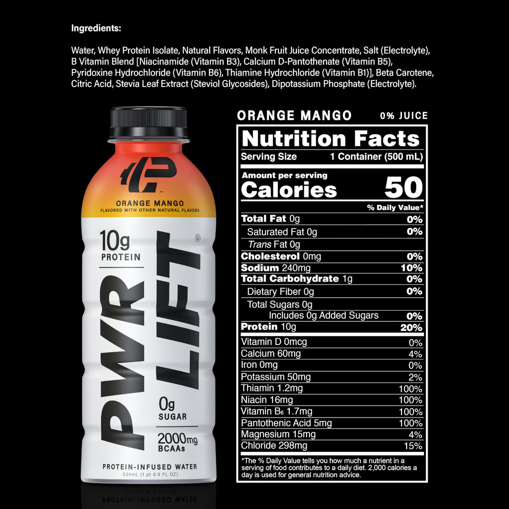 Whey Protein Water Sports Drink by PWR LIFT | Orange Mango | Keto, Vitamin B, Electrolytes, Zero Sugar, 10g of Protein | Post-Workout Energy Beverage | 16.9oz (Pack of 12)