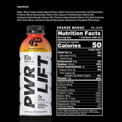 Whey Protein Water Sports Drink by PWR LIFT | Orange Mango | Keto, Vitamin B, Electrolytes, Zero Sugar, 10g of Protein | Post-Workout Energy Beverage | 16.9oz (Pack of 12)