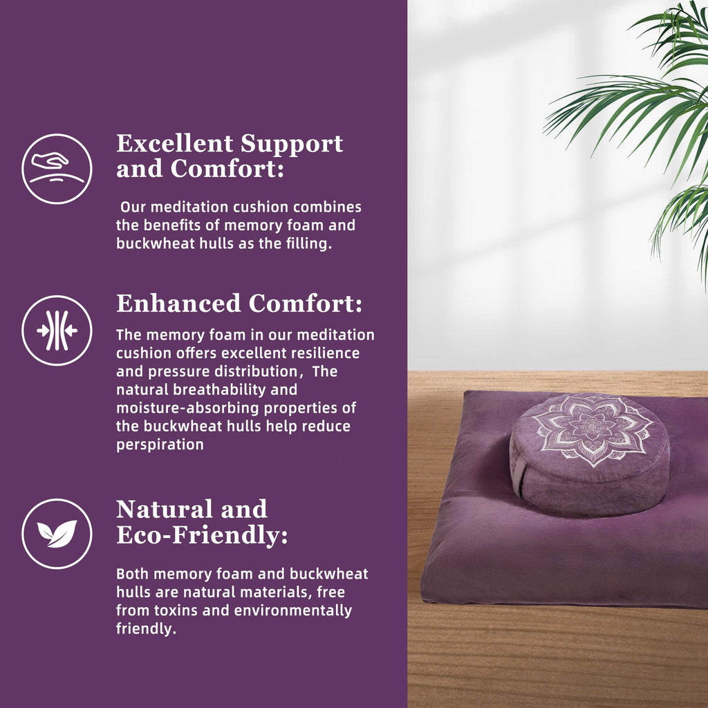 Meditation Zafu Cushion Set with Buckwheat Hulls & Memory Foam - Ergonomic Support for Yoga & Sitting - Removable Machine-Washable Luxury Velvet Cover - for Adults and Kids (Blue)