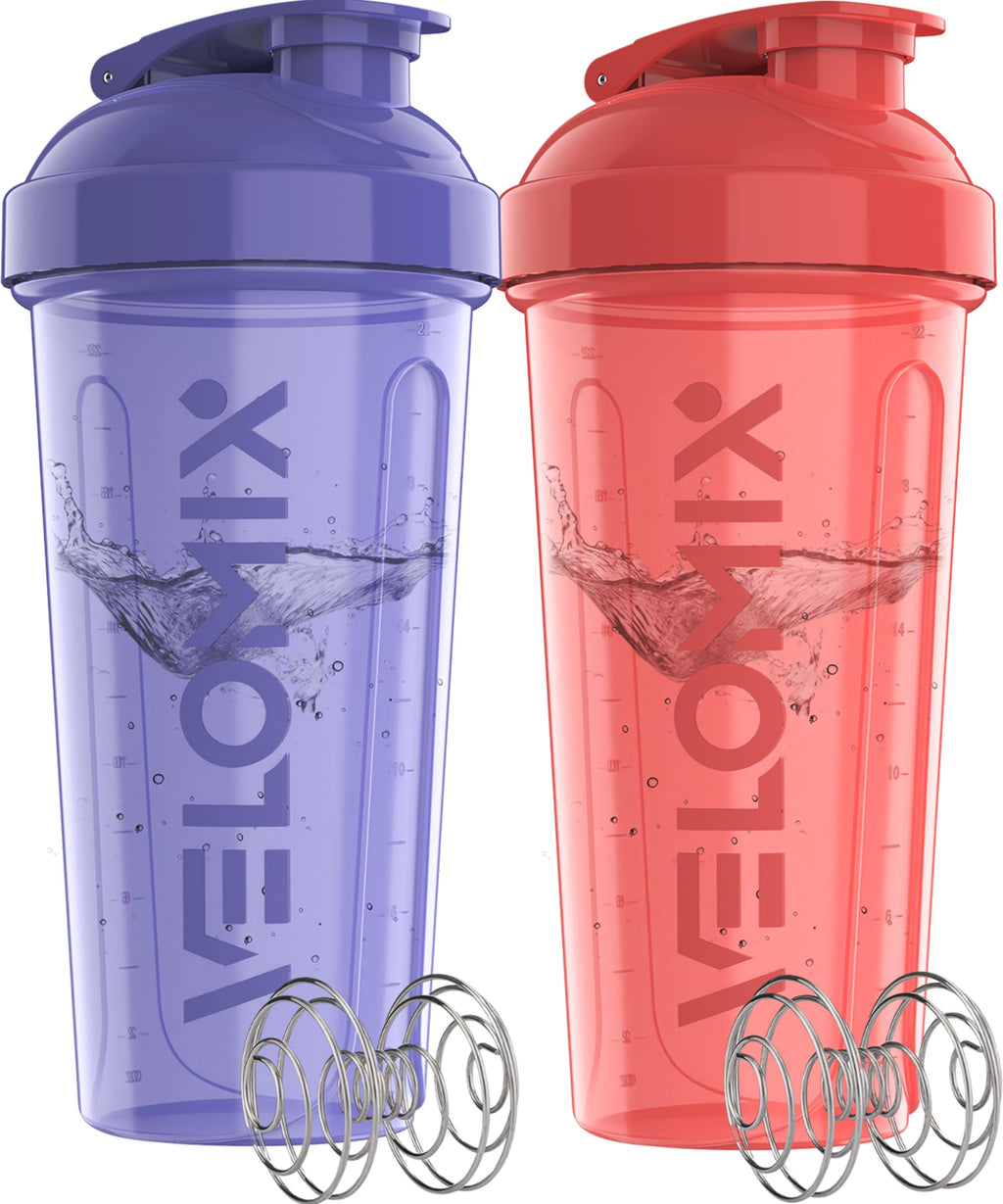 VELOMIX -2 Pack- 28 oz Protein Shaker Bottles for Protein Mixes - 2x Wire Whisk | Leak Proof Shaker Cups for Protein Shakes | Protein Shaker Bottle Pack (Black/Transparent)