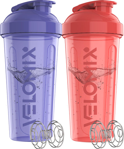 VELOMIX -2 Pack- 28 oz Protein Shaker Bottles for Protein Mixes - 2x Wire Whisk | Leak Proof Shaker Cups for Protein Shakes | Protein Shaker Bottle Pack (Black/Transparent)