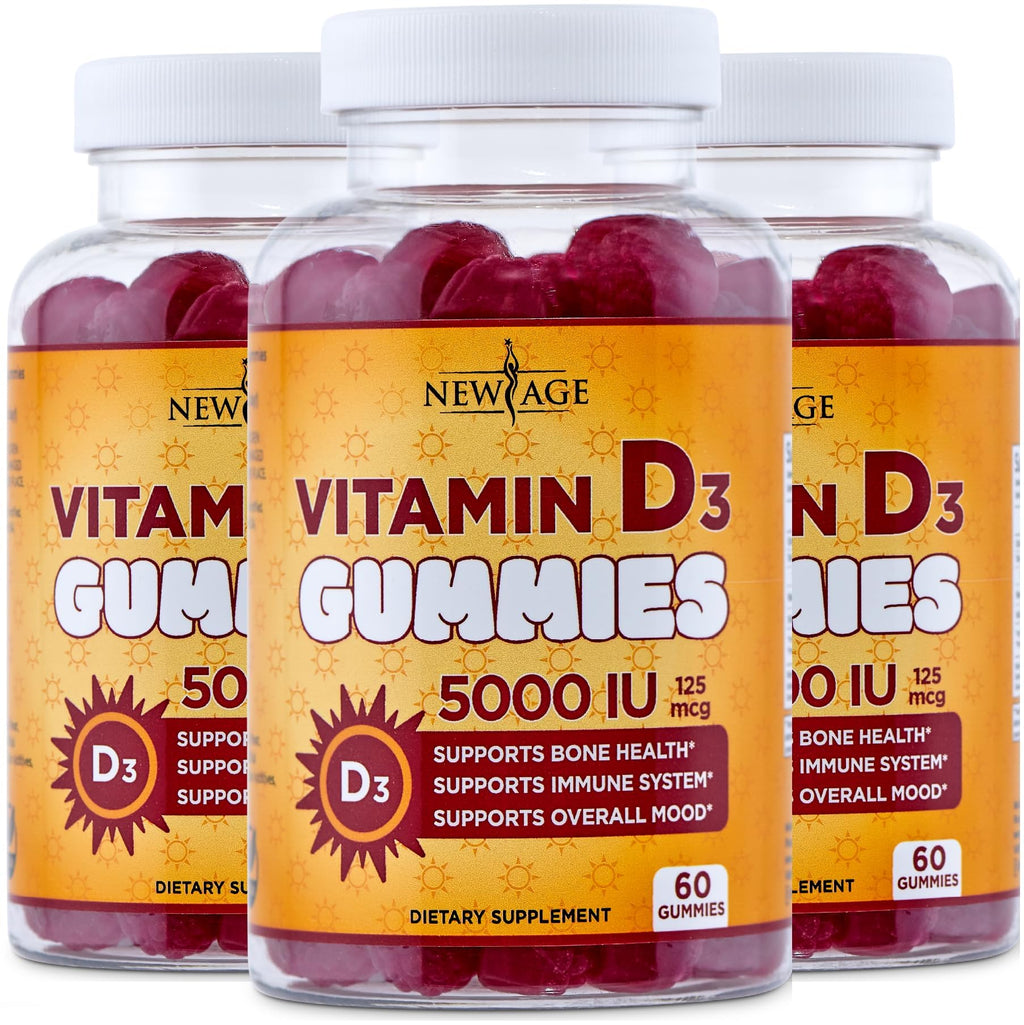 NEW AGE Vitamin D3 5000 IU 125mcg Gummies - Support Immune Support, Strong Bone Health - Non-GMO, Gluten-Free, Dairy-Free, No Gelatin (120 Gummies (Pack of 2))