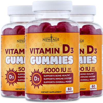 NEW AGE Vitamin D3 5000 IU 125mcg Gummies - Support Immune Support, Strong Bone Health - Non-GMO, Gluten-Free, Dairy-Free, No Gelatin (120 Gummies (Pack of 2))
