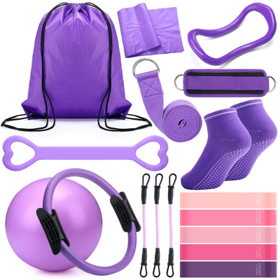 Pilates Ring Circle Set 18 Pcs Exercise Equipment Accessories for Women Workouts Pilates Ball Stretching Strap Magic Circle Yoga Ring Gym Back Bag Resistance Band Anti Slip Socks