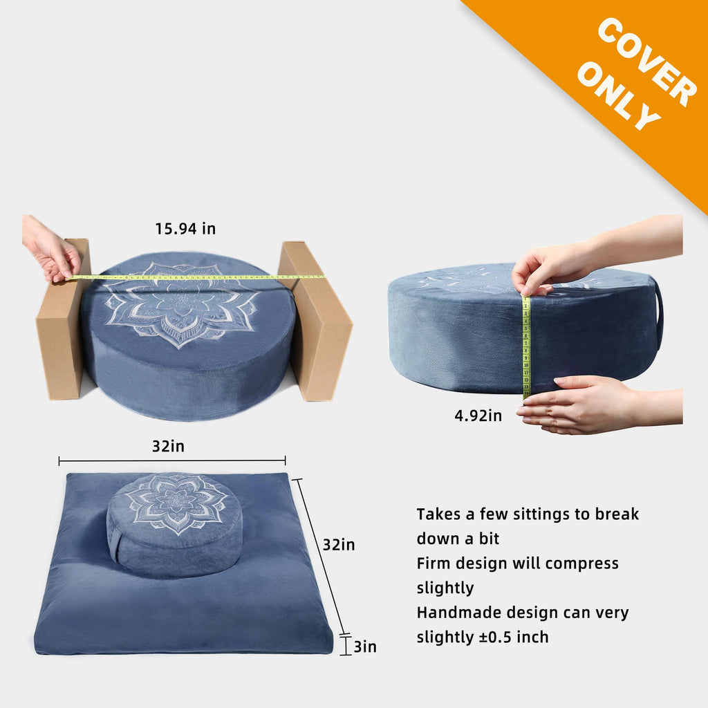 Meditation Zafu Cushion Set with Buckwheat Hulls & Memory Foam - Ergonomic Support for Yoga & Sitting - Removable Machine-Washable Luxury Velvet Cover - for Adults and Kids (Blue)