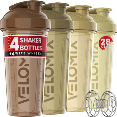 VELOMIX -4 PACK- 28 oz Protein Shaker Bottle for Protein Mixes - 4x Wire Whisk | Leak Proof Shaker Cups for Protein Shakes | Protein Shaker Bottle Pack | Protein Shake Cup (Brown)